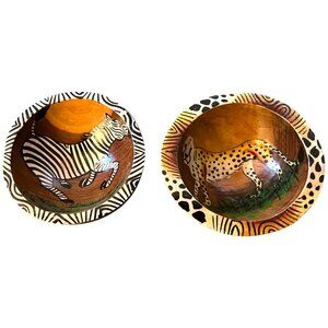 Vtg Hand-Carved Wooden Safari Bowls Zebra Cheetah African Art Trinket I Set of 2